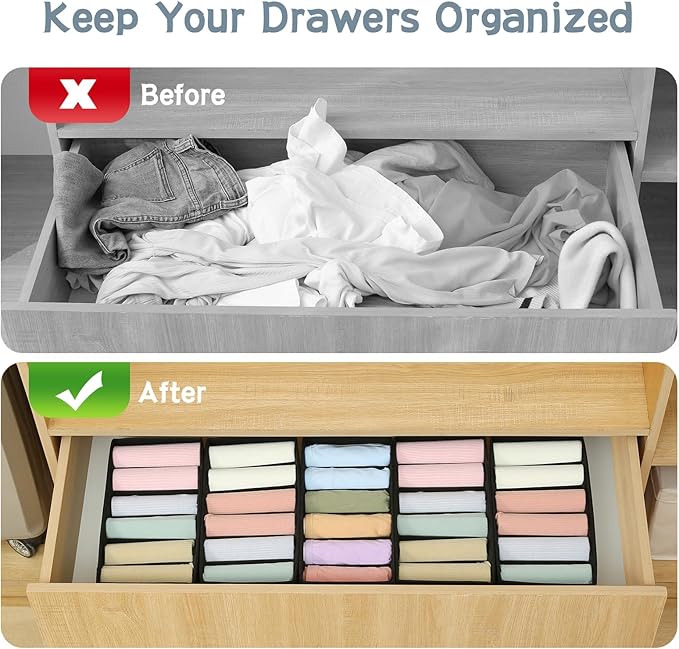 Qozary 3 Pack Sock Underwear Drawer Organizer Dividers, Non-Woven Fabric Collapsible Cabinet Closet Storage Boxes for Clothes, Socks, Lingerie, Underwear, Tie, Belt, Baby, Bedroom (Black, 6 Cells)