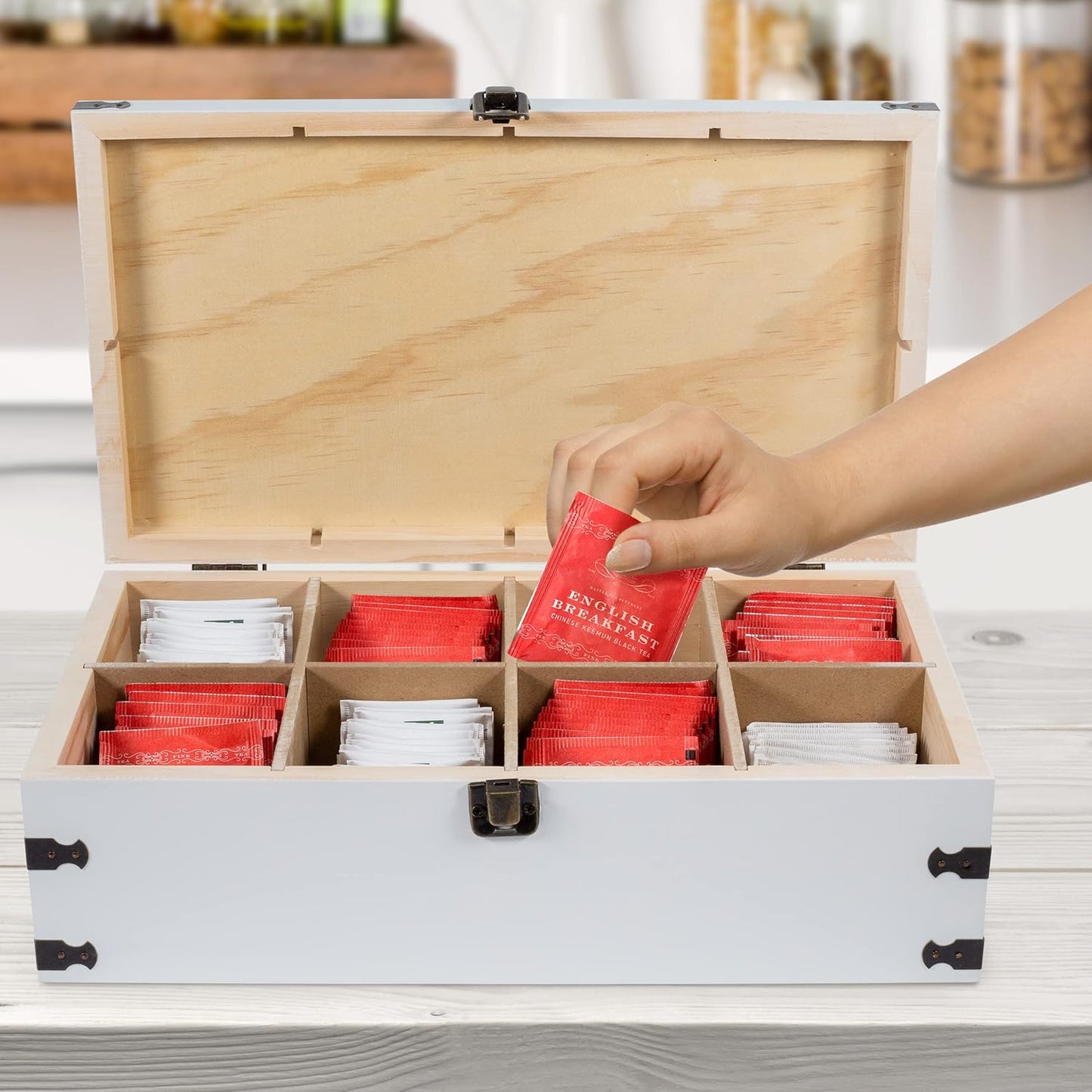 White Wooden Tea Box Storage Chest Box Big Pine Wood Kitchen Organizer Large, Tall, Adjustable