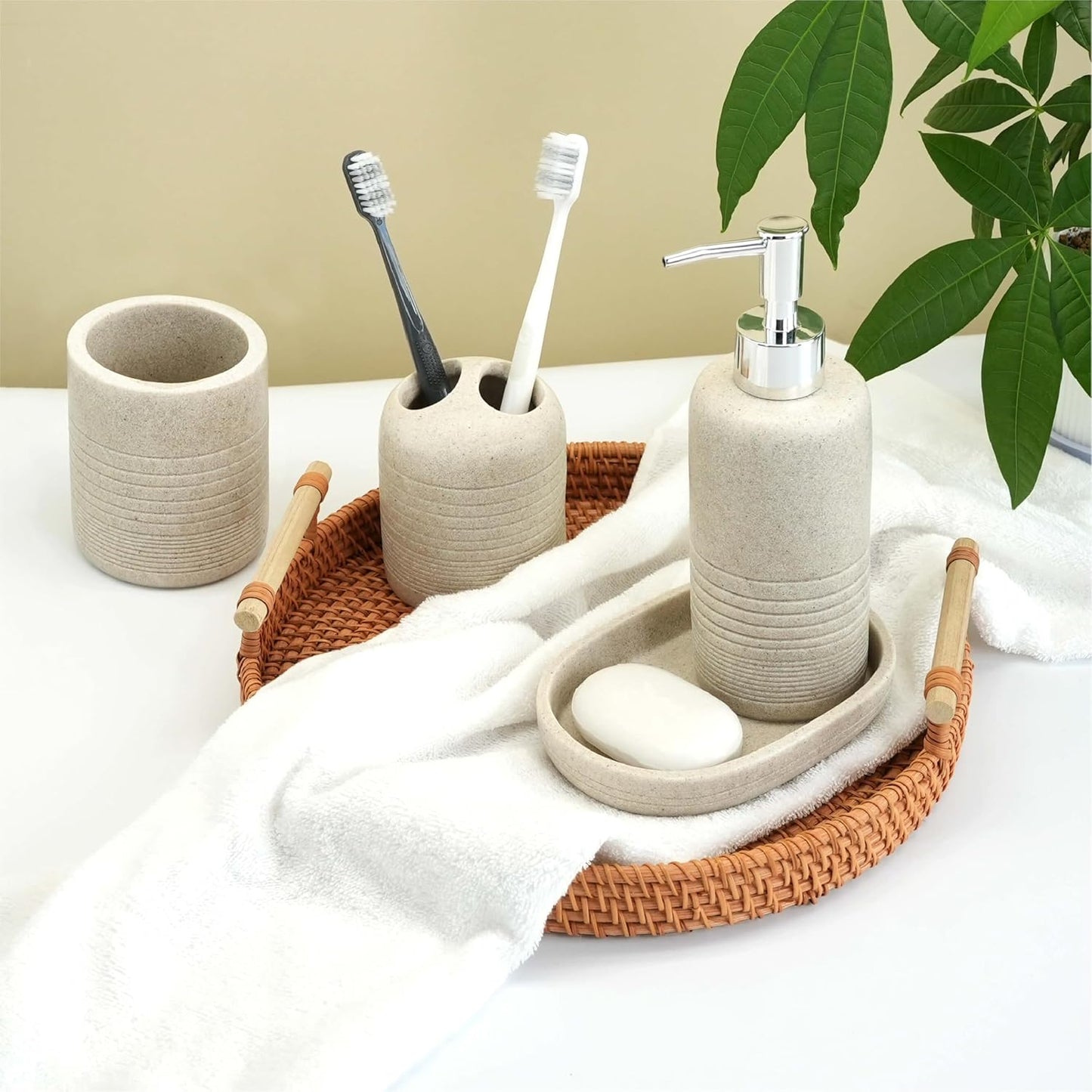 4-Piece Bathroom Accessory Set - Modern Resin & Sandstone Collection - Includes Soap Dispenser, Toothbrush Holder, Tumbler, Soap Dish (Beige)