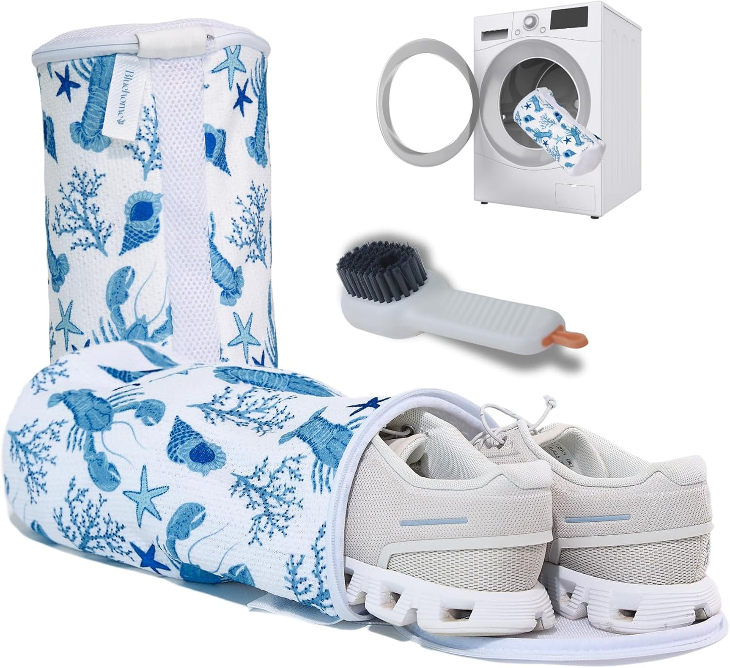Shoe Washing Machine Bag with Sneaker Brush – 2-Pack Reusable Chenille Laundry Bags for Sneakers, Delicates, Travel & Storage – Ocean Print Stylish Design – by Bluehome