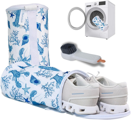 Shoe Washing Machine Bag with Sneaker Brush – 2-Pack Reusable Chenille Laundry Bags for Sneakers, Delicates, Travel & Storage – Ocean Print Stylish Design – by Bluehome