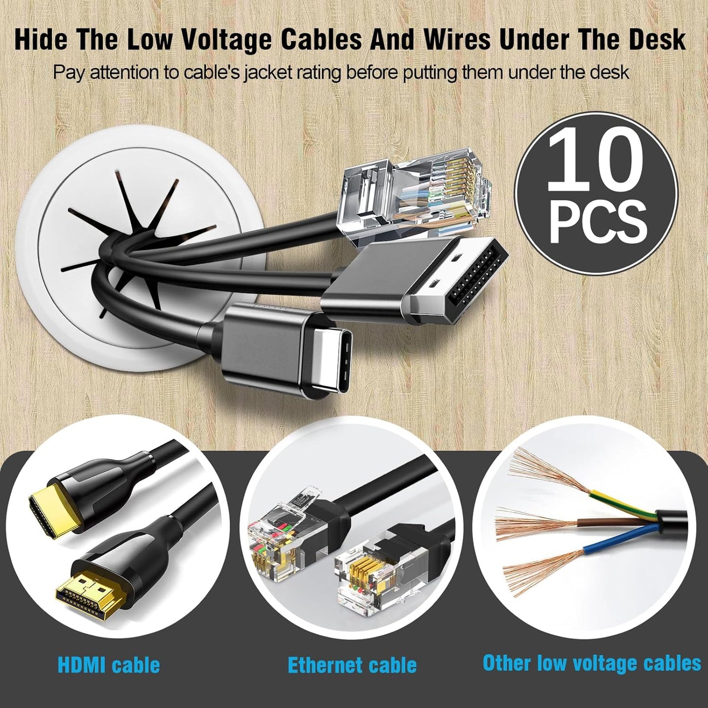 2" White Desk Grommet, JTemgle Flexible Cable Grommet Plastic Cable Hole Cover Wire Organizer Caps Desktop Cord Management for Home Office TV Stands Tabletops, 10 Pieces