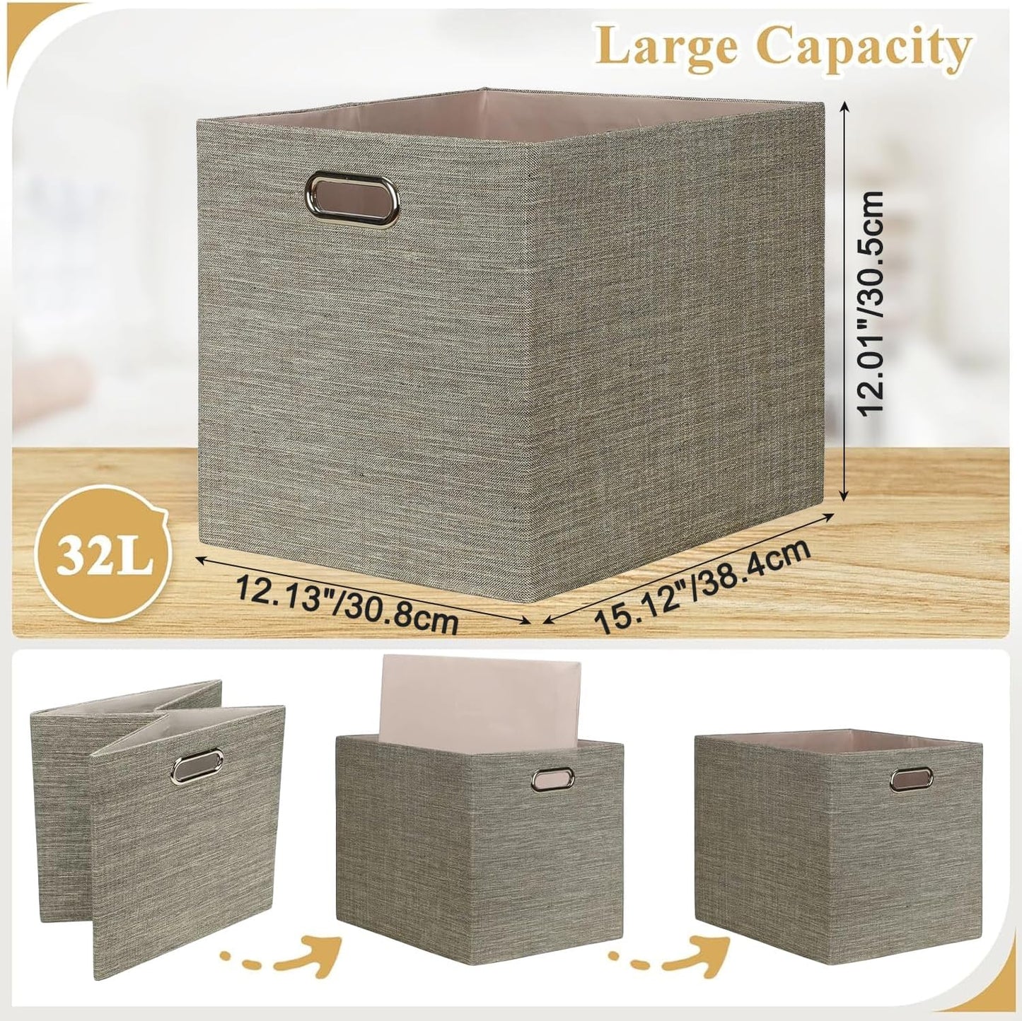 Posprica 15.12"x12.13"x12.01" Storage Cube Bins, Linen Decorative Closet Storage Organizer for IKEA Kallax, 4 Pack Fabric Foldable Large Storage Baskets for Closet, Shelves, Clothes, Toy -Coffee