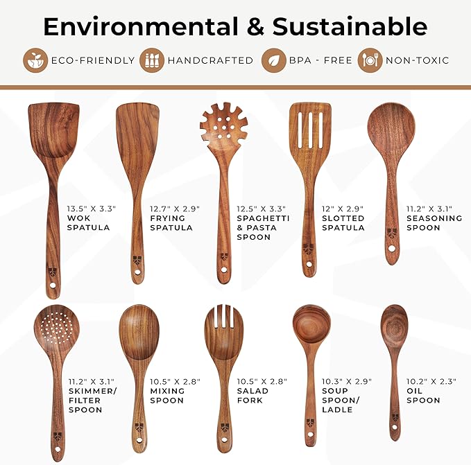 Wooden Spoons for Cooking – 10 Pc Teak Wood Utensil Set, Durable, Nonstick Safe & Heat Resistant with Ergonomic Handles - Unique Kitchen Gifts for Women Men, Cooking Gifts for Men Women