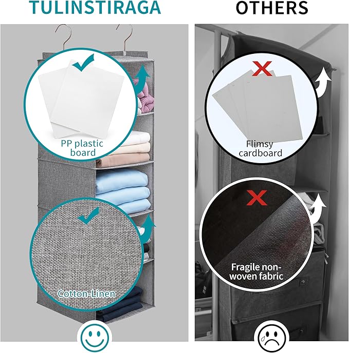 Large Hanging Sweater Organizer for Closet,Collapsible 6-Shelf Hanging Closet Shelves with Drawers, Washable (Grey-5 Shelf)