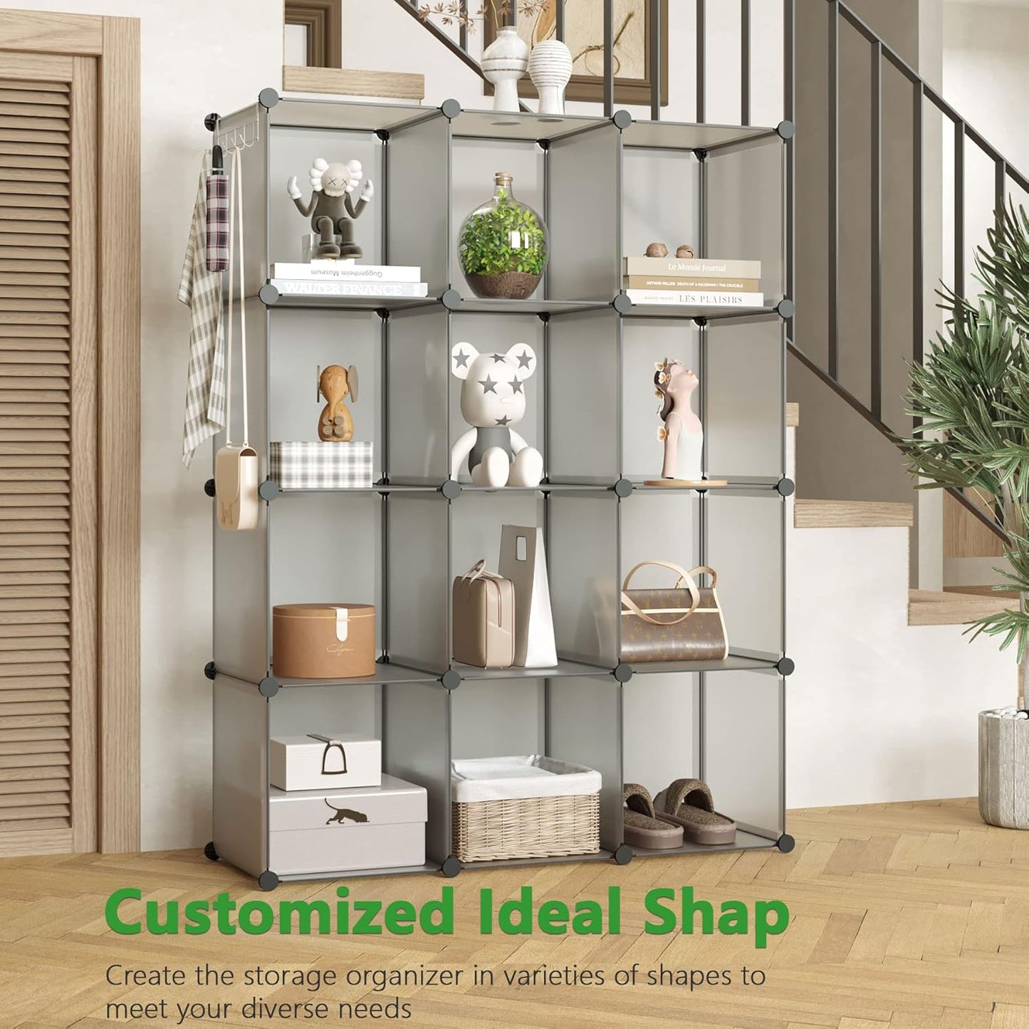 C&AHOME Cube Storage Organizer, 12-Cube Shelves Units, Closet Cabinet, DIY Plastic Modular Book Shelf, Ideal for Bedroom, Living Room, Office, 36.6" L x 12.4" W x 48.4" H Grey UPCS12G