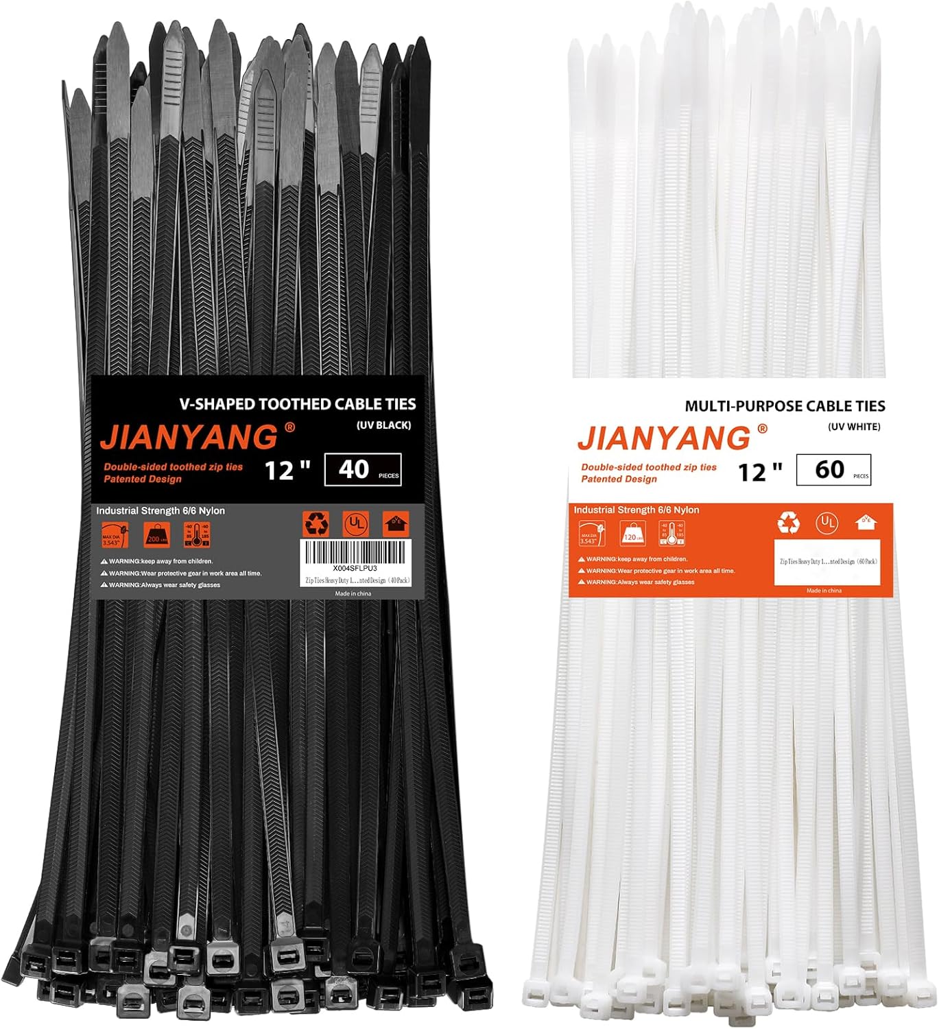 Zip Ties Heavy Duty 12+12 inch,V-Shaped Toothed Double Sided With 200 LBS Tensile Strength Cable Ties ，Extra Large Wire Ties Adjustable Nylon Tie Wraps for Indoor Outdoor Black and White（100 Pack）