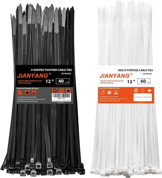 Zip Ties Heavy Duty 12+12 inch,V-Shaped Toothed Double Sided With 200 LBS Tensile Strength Cable Ties ，Extra Large Wire Ties Adjustable Nylon Tie Wraps for Indoor Outdoor Black and White（100 Pack）