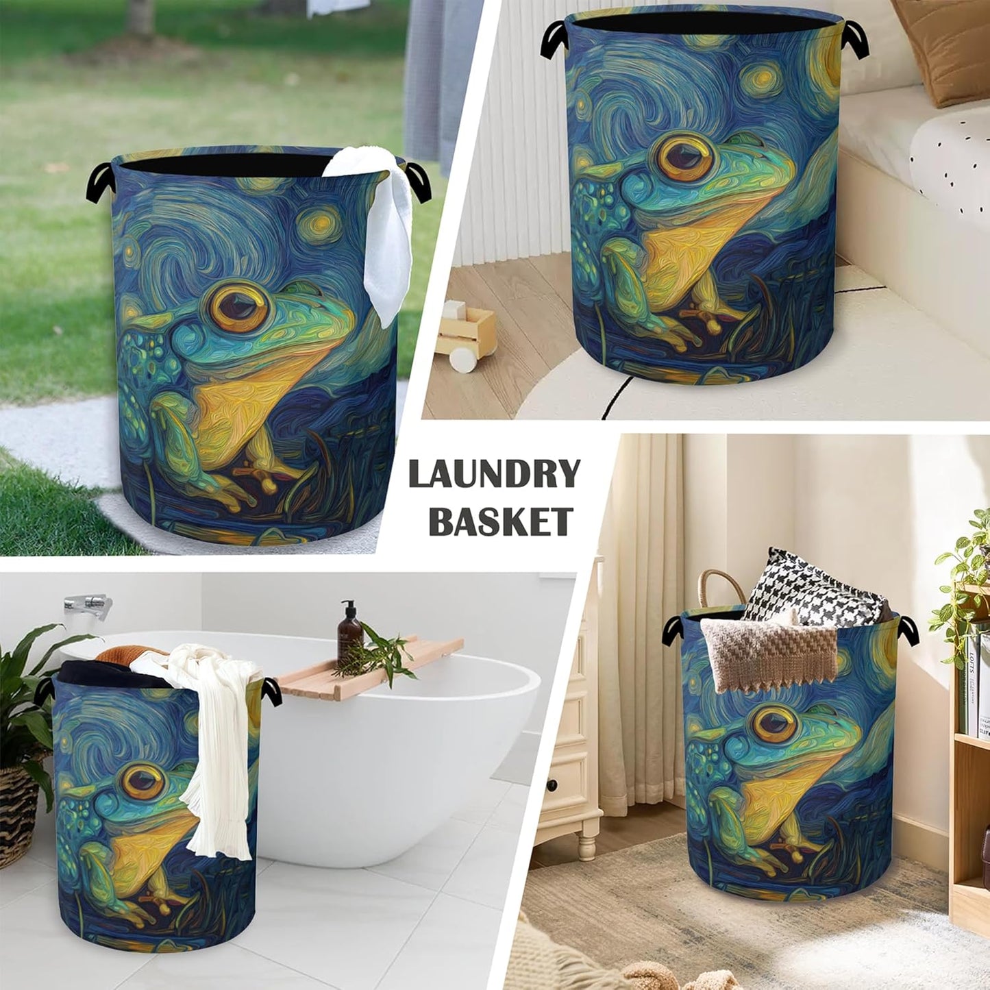 Frog Laundry Basket,Starry Night Moon Foldable Oxford Cloth Tote Bag Laundry Hamper Clothes Storage Bucket Organizer for Bedroom Laundry Storage Dormitories 16" x 20.8"