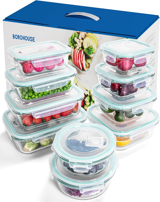 10-Piece Borosilicate Glass Food Storage Containers with Airtight Lids – Microwave, Oven, Freezer Safe, Leak-Proof, BPA-Free – Meal Prep, Baking & Gift Set