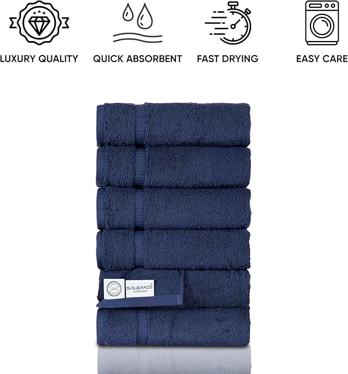 SALBAKOS 100% Turkish Cotton Hand Towel Set of 6 16x30 inch | Heirloom Quality | Hotel & Spa Collection | Ultra Soft, Super Absorbent, Long Lasting Hand Towels | Made in Turkey (Navy, 6 Hand Towels)