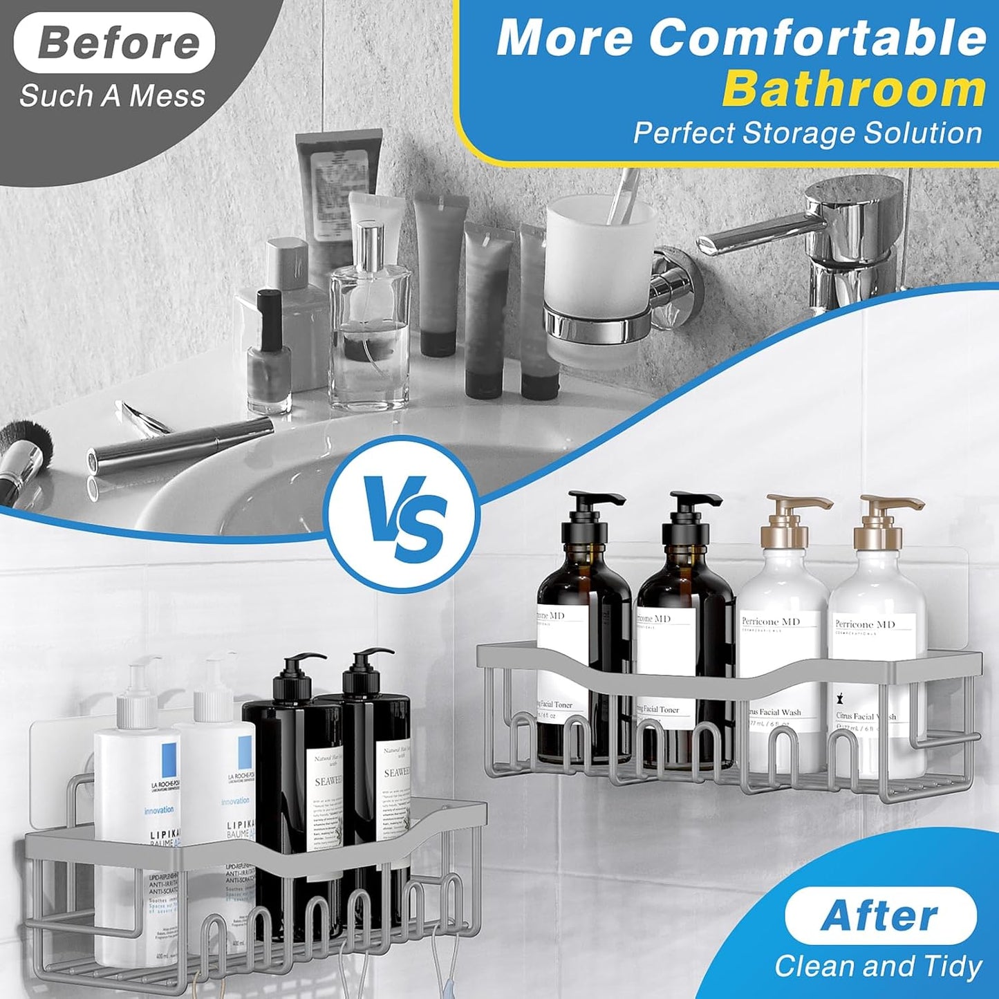 EUDELE 5-Pack Rustproof Stainless Steel Shower Caddy Set– No Drill Adhesive Bathroom Organizer, Space-Saving Shower Shelves for Apartment Essentials, Bathroom/Kitchen Storage Home Decor-L Size