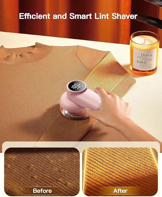 coldSky Rechargeable Fabric Shaver, Lint Shaver with Digital Display, Sweater Shaver with 6-Leaf Blades and Safety Lock, 3-Speeds Defuzzer Remove Fuzz, Pills from Clothes, Furniture, Sofa, Pink