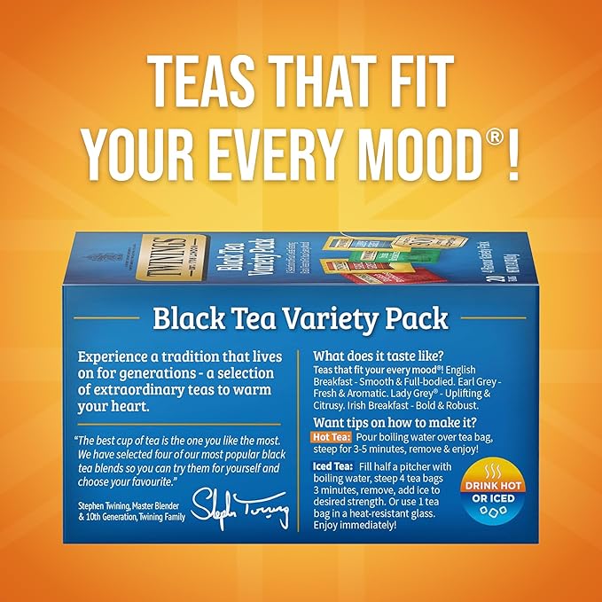 Twinings Variety Pack Black Tea Bags, 20 Count (Pack of 6), Includes English Breakfast, Early Grey, Irish Breakfast, and Lady Grey, Caffeinated, Enjoy Hot or Iced, 120 Teabags