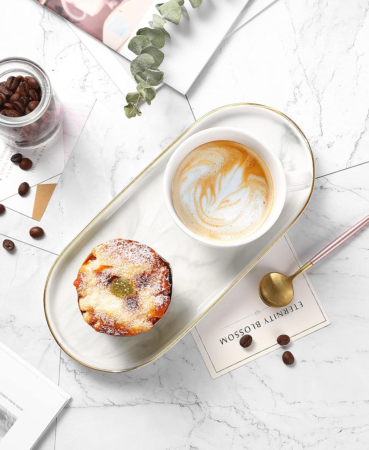 Luxspire Bathroom Vanity Tray, Marble Ceramic Dresser Jewelry Dish with Golden Rim, Decorative Tray Countertop Sink Storage Holder Organizer for Soap Candles Perfume Comestic Home Decor, Marble White