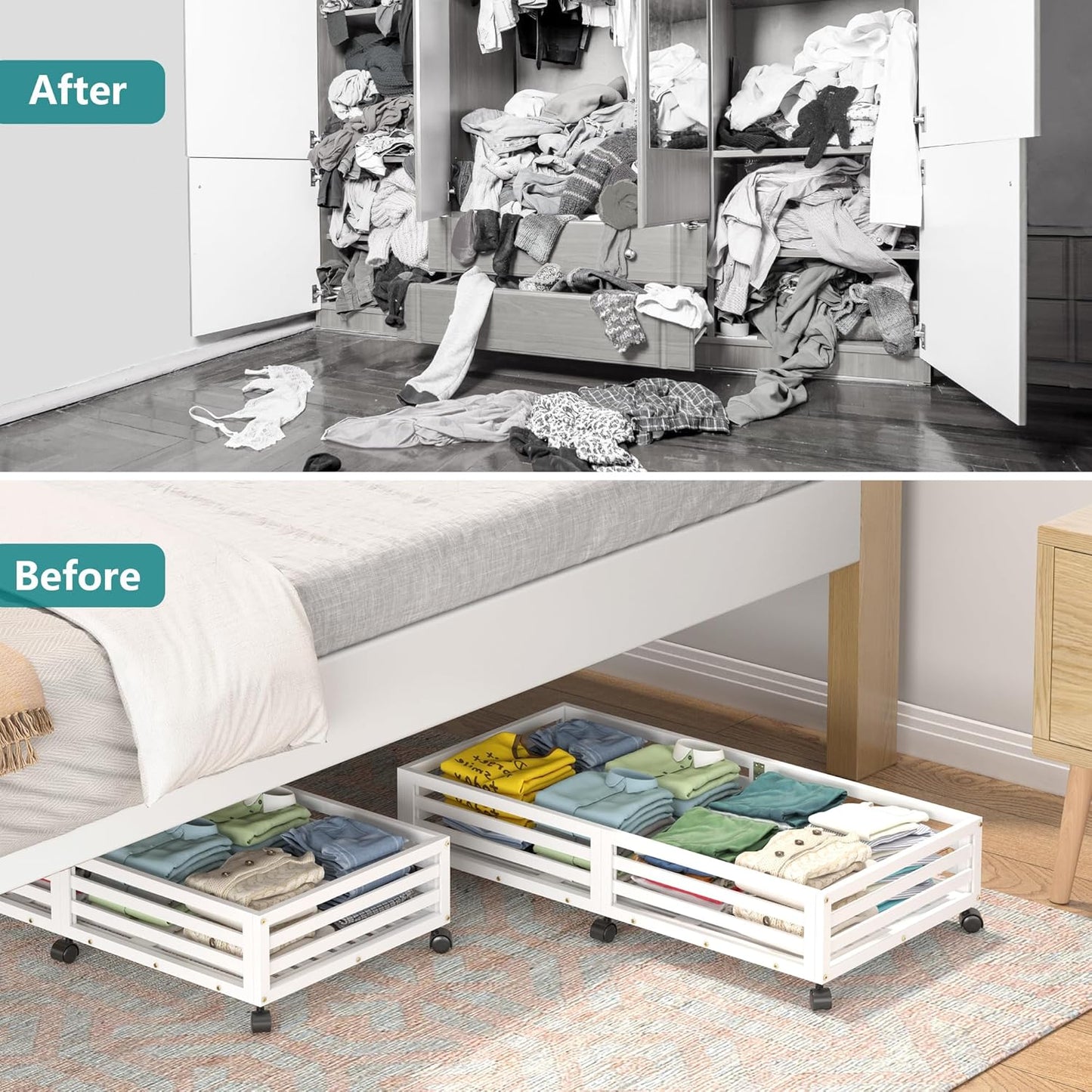 Bamboo Under Bed Storage Containers- Underbed Organizer with Wheels with Large Dust Bag,Sturdy Wood Rolling Under the Bed Shoe Storage Organizer Drawer 2 Packs (White, Long)