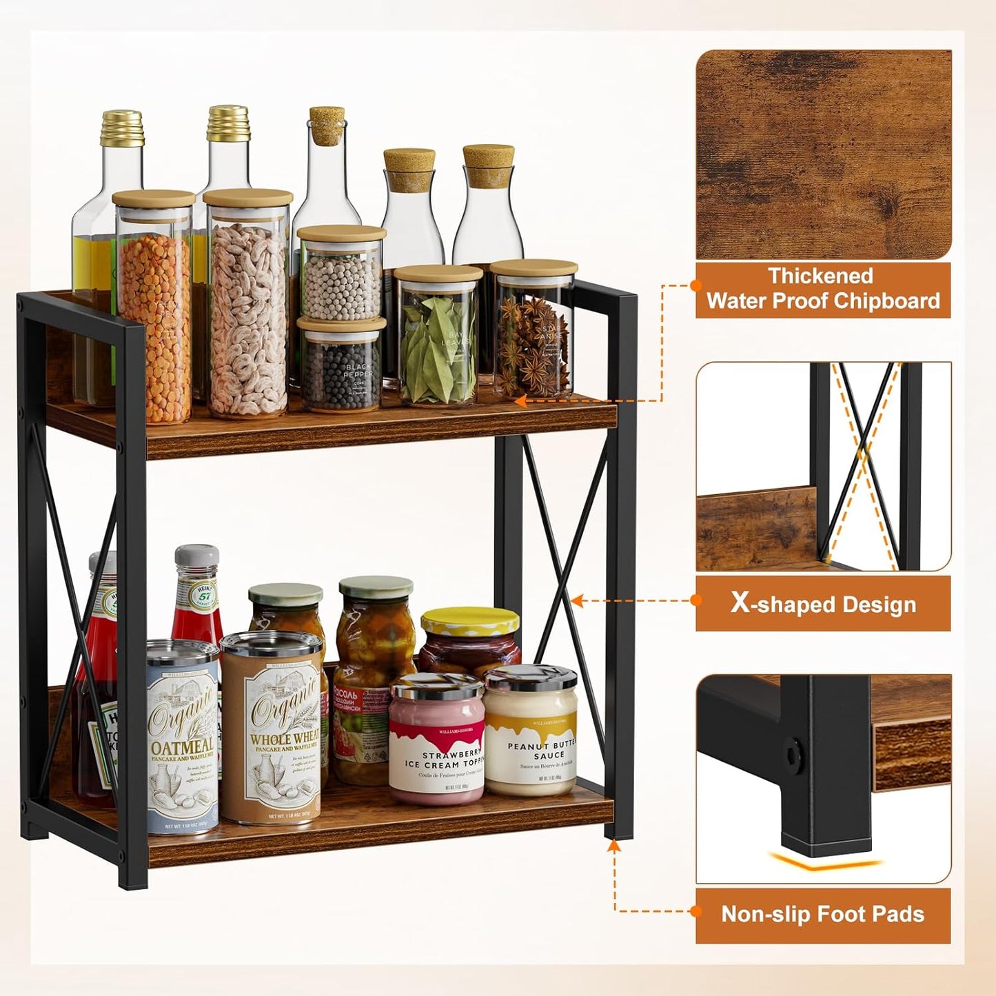 Giikin Kitchen Counter Shelf, Kitchen Countertop Organizer, 2 Tier Spice Rack for Counter, Wood Coffee Bar Organizer for Coffee Station (Brown, L)