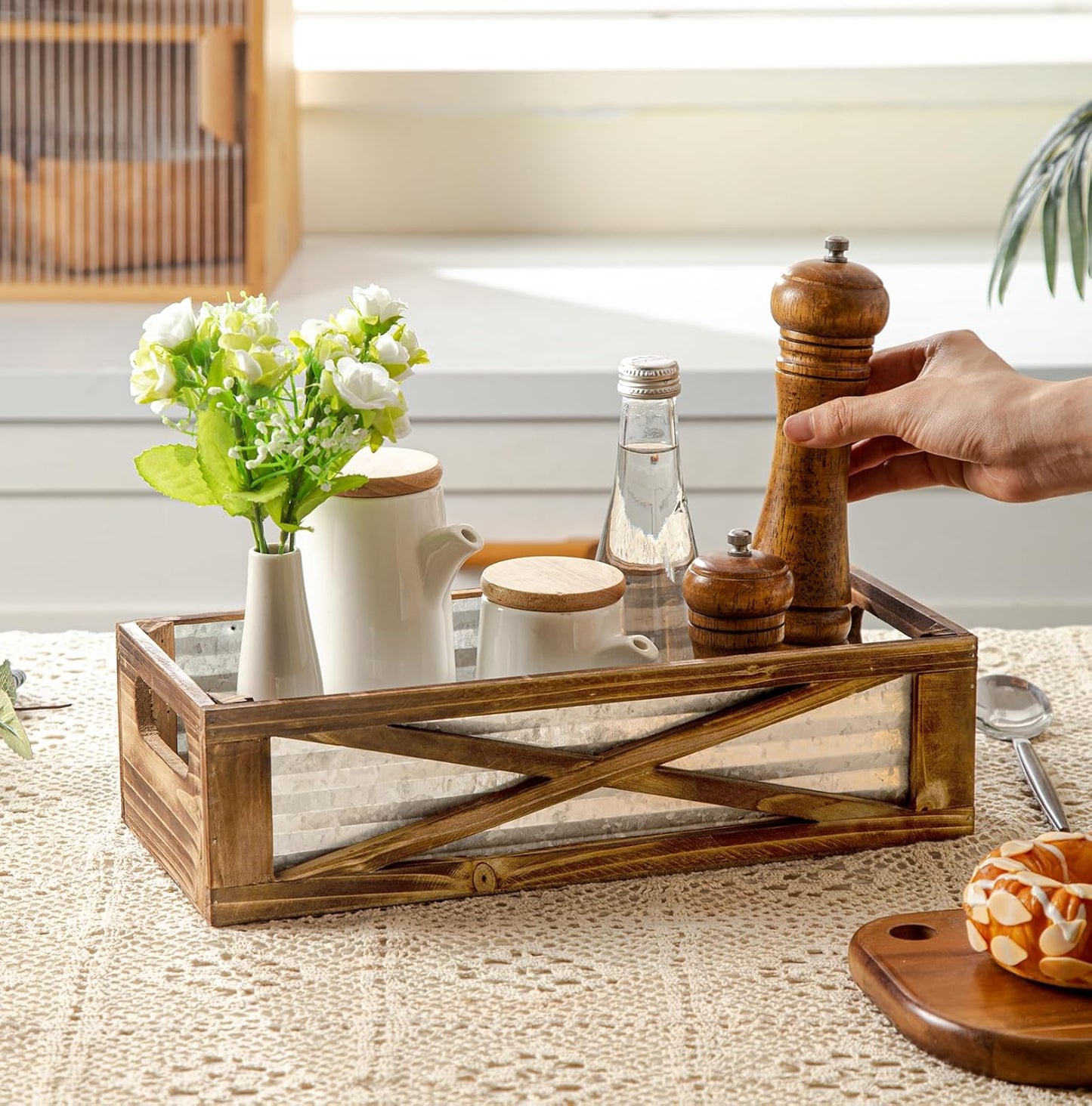 Wooden Toilet Tank Basket, Rustic Bathroom Decor Box, Farmhouse Toilet Paper Organizer Holder, Decorative Bathroom Storage Basket, Barn Door (Brown)