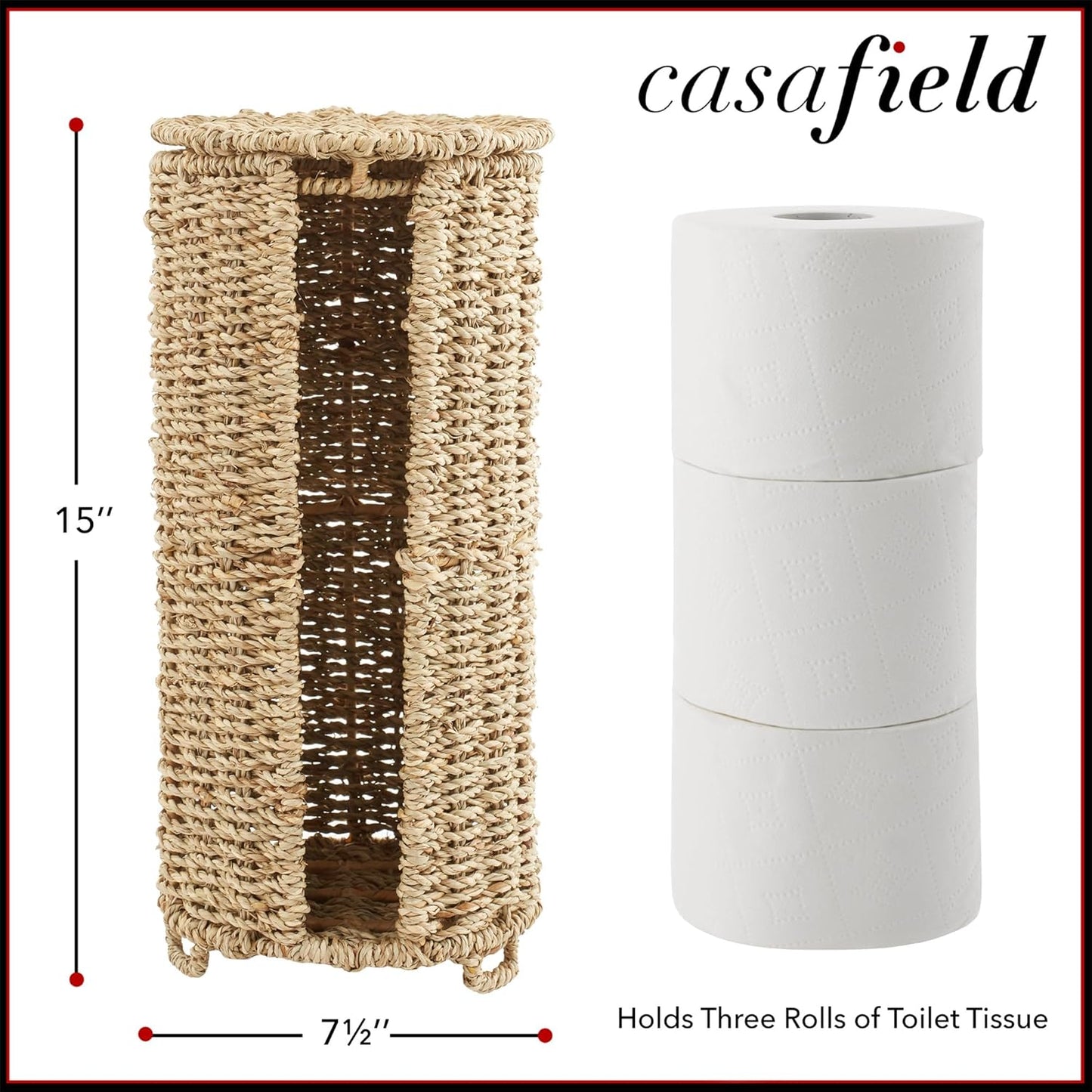 Casafield Free Standing Toilet Paper Storage Roll Holder with Lid - Natural, Fits 3 Rolls, Seagrass Bath Tissue Organizer for Bathroom