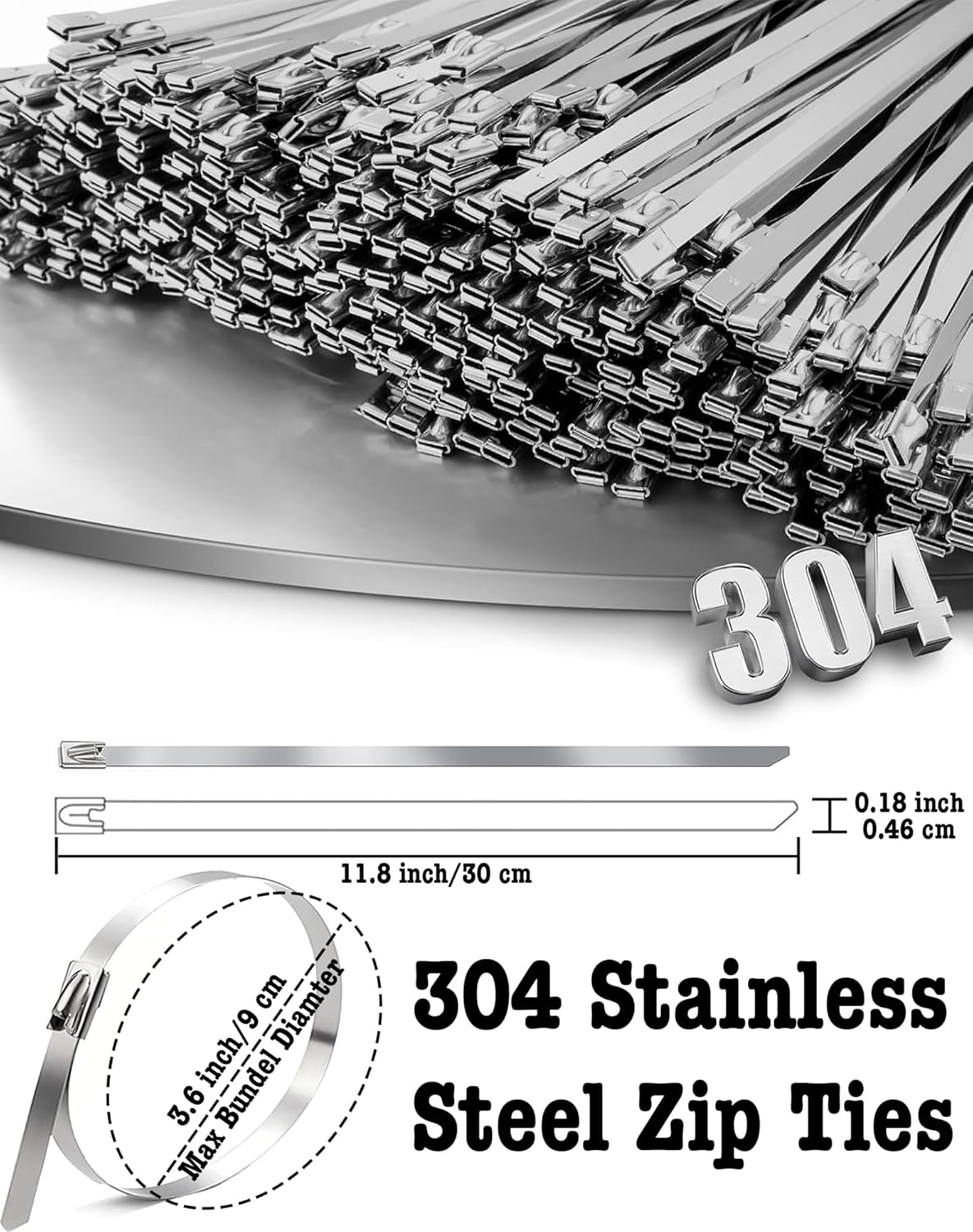 50Pcs Metal Zip Ties 11.8 inch 304 Stainless Steel Zip Ties, Heavy Duty Multi-Purpose Self-locking Metal Cable Ties for Machinery, Vehicles, Exhaust Wrap, Farms, Pipes, Roofs, Cables & Outdoor Fence