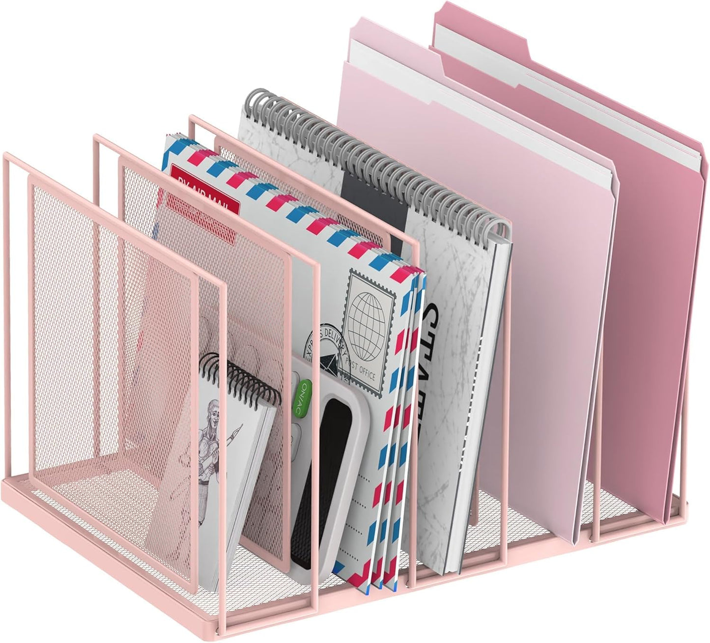 File Organizer for Desk, 5-Section Vertical File Sorter, Paper Holder Organizer Standing Metal File Folder for Office Home Classroom, Pink