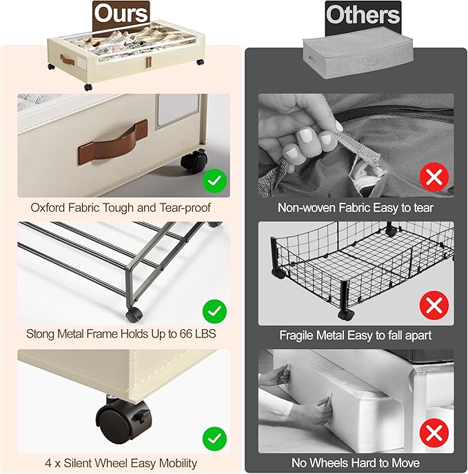 LAMU 2 Pack Under Bed Storage with Wheels, 60L Large Lapacity UnderBed Storage Containers with Clear Lid and Handles, Under the Bed Storage Bins Drawers for Clothes, Blankets, Shoes, Books, Beige