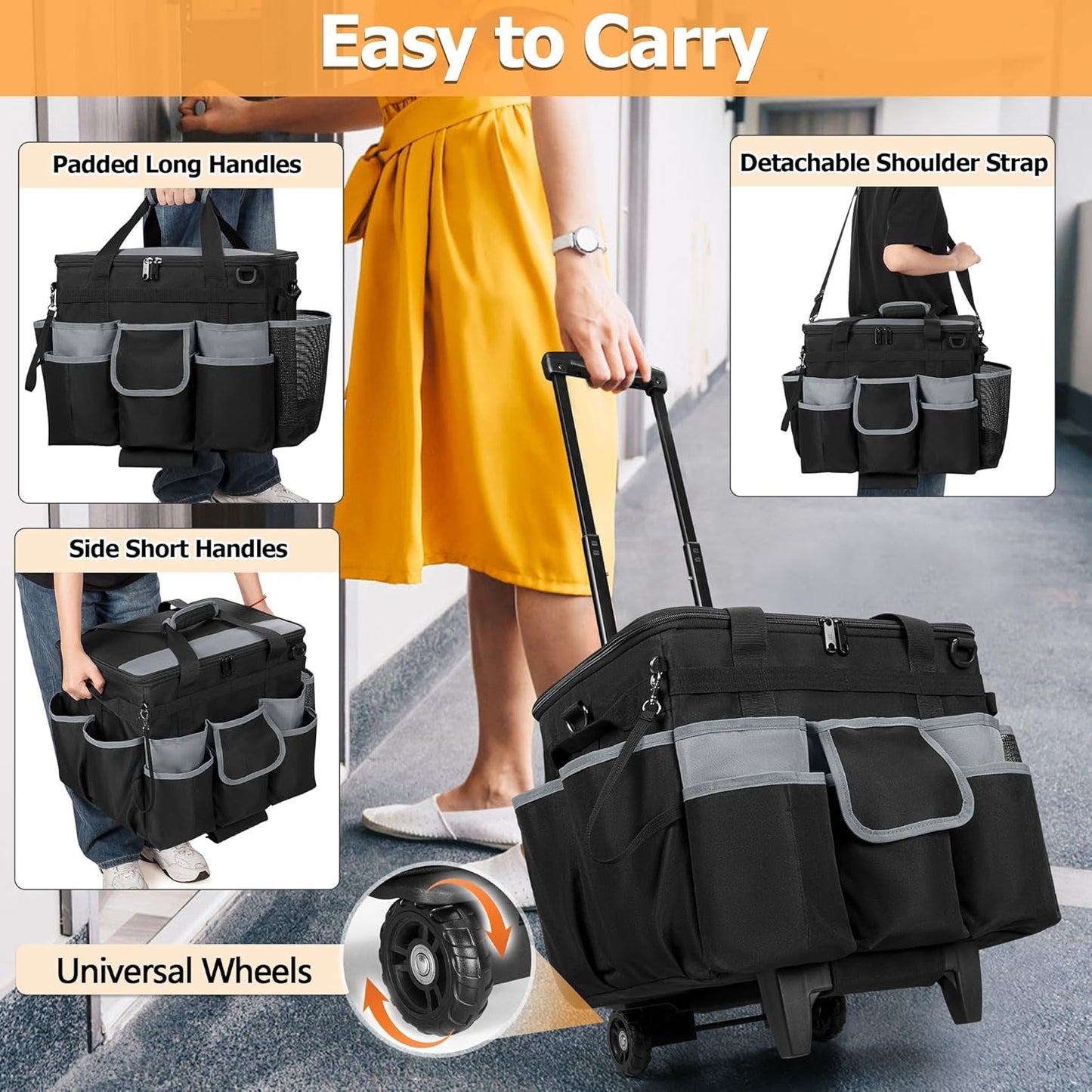 Large Rolling Cleaning Caddy with Detachable Trolley & Lid, Cleaning Cart on Wheels with Shoulder Strap & Handles, Cleaning Supplies Organizer with Multi Pockets for Cleaning Tools Storage