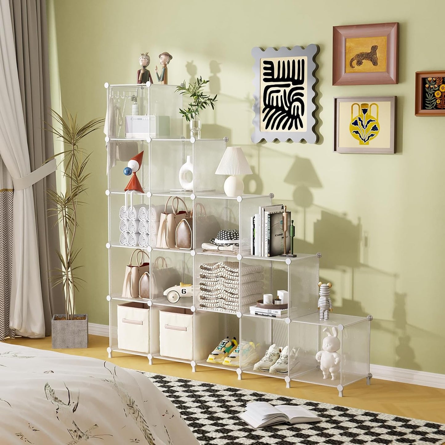 AWTATOS Cube Storage Organizer, 16 Cube Closet Organizers and Storage Shelves, DIY Stackable Bookshelf for Bedroom, Home, Translucent Twill