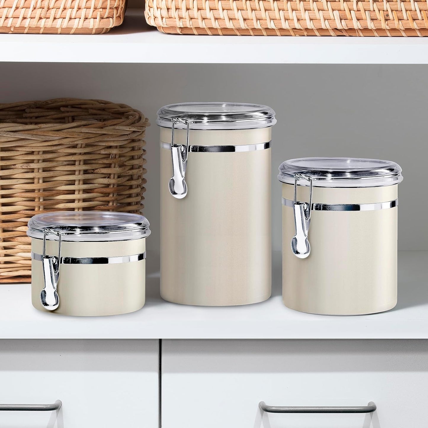 Oggi Stainless Steel Kitchen Canister 26 fl oz, Gray - Airtight Clamp Lid, Clear See-Thru Top - Ideal for Kitchen Storage, Food Storage, Pantry Storage. Size 5" x 3.5".