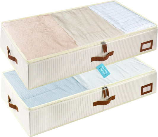 OrganiHaus Under Bed Storage Containers, Bedroom Storage and Organization Bins, Clothes Organizer for Closet with Clear Cover and Reinforced Handles - Set of 2 33x17x6 inches White Striped