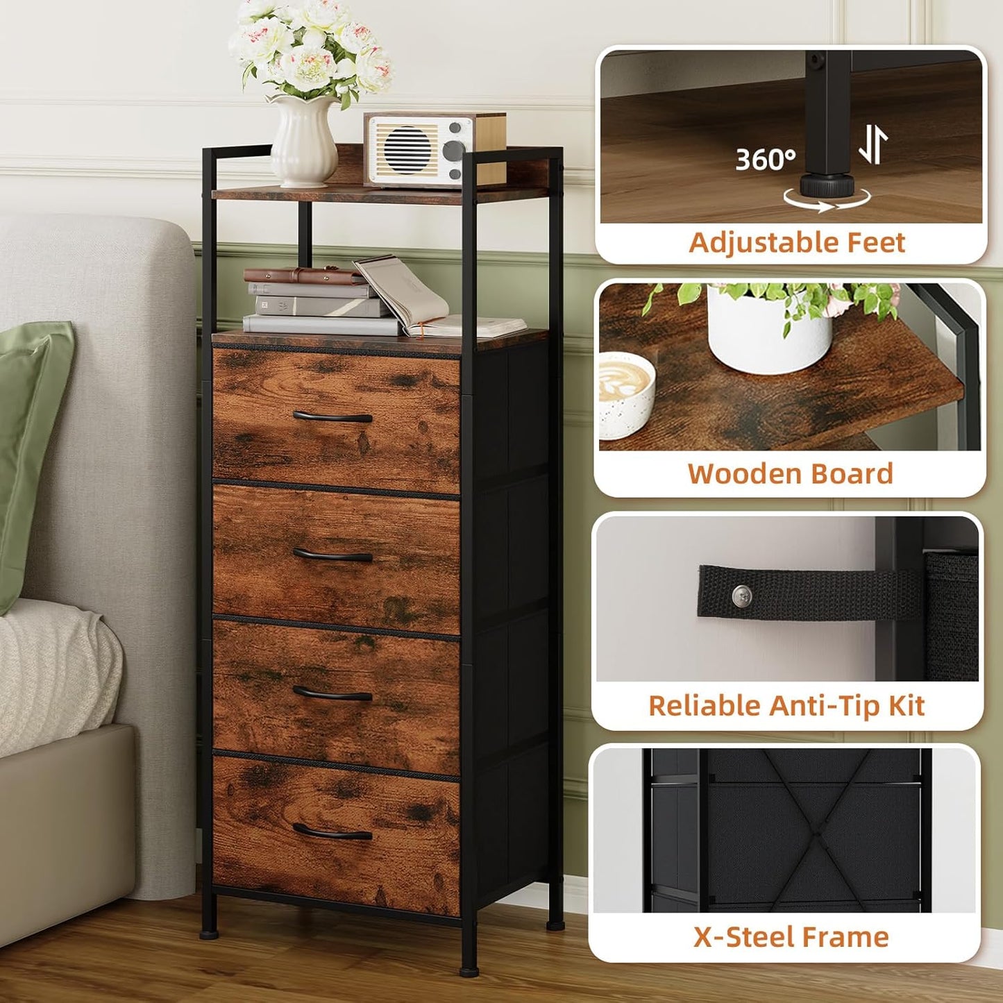 Somdot Night Stand with 4 Drawers, Vertical Storage Tower Fabric Dresser for Bedroom, Nightstand Bedside Table Furniture, Sturdy Steel Frame, Wooden Top & Easy Pull Fabric Bins, Wood Grain Print