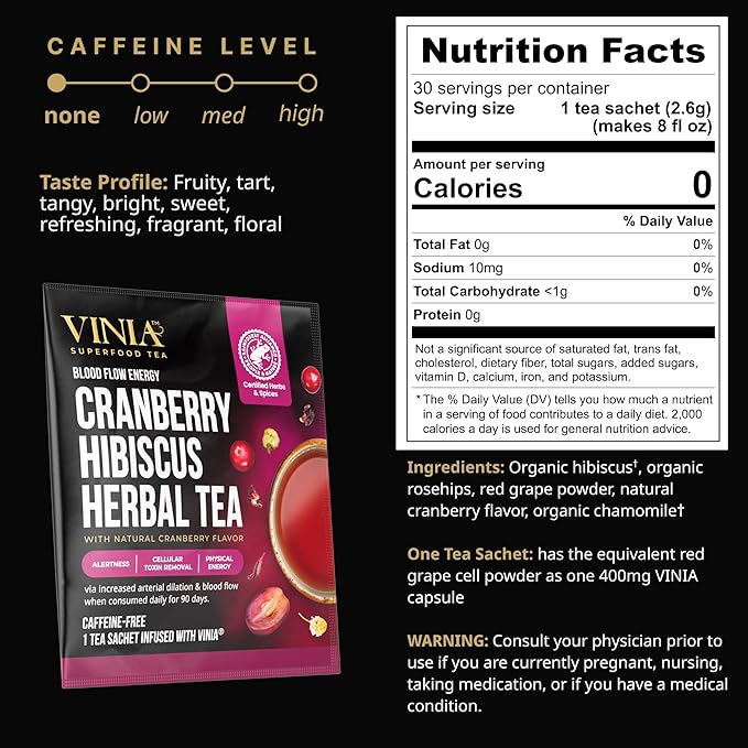 VINIA Cranberry Hibiscus Herbal Tea Bags, Made with Organic Herbal Tea, Infused with Piceid Resveratrol for Heart Health, Nitric Oxide, Physical Energy, Alertness, Blood Flow, Keto, Kosher, NON-GMO. 30 Ct