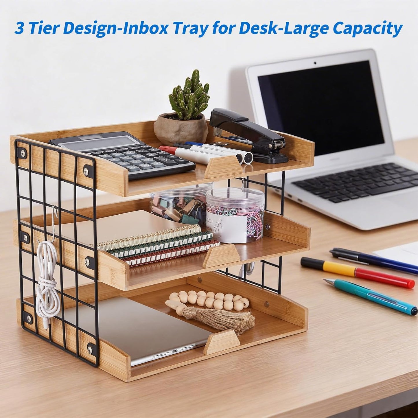 3-Tier Wood Paper Tray, Inbox Tray for Desk, Letter File Trays Desk Organize Office Supplies Accessories, Workspace Desktop Storage for Home, Office, School