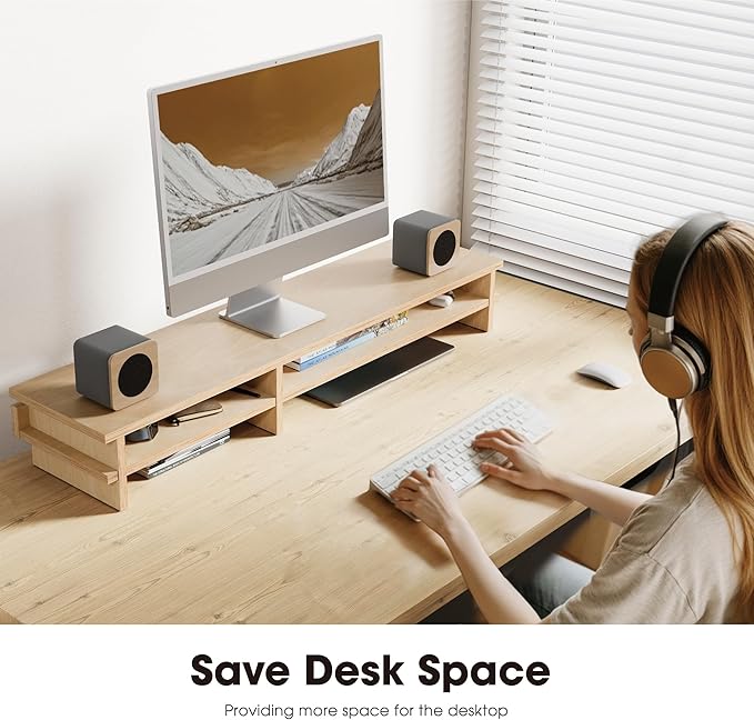 Fenge Dual Monitor Stand, 39.4in Wood Monitor Riser for 2 Monitors, 2 Tiers Desk Shelf with Cable Mangement for Top of Desk, Computer Stand for Laptop, PC, Printer