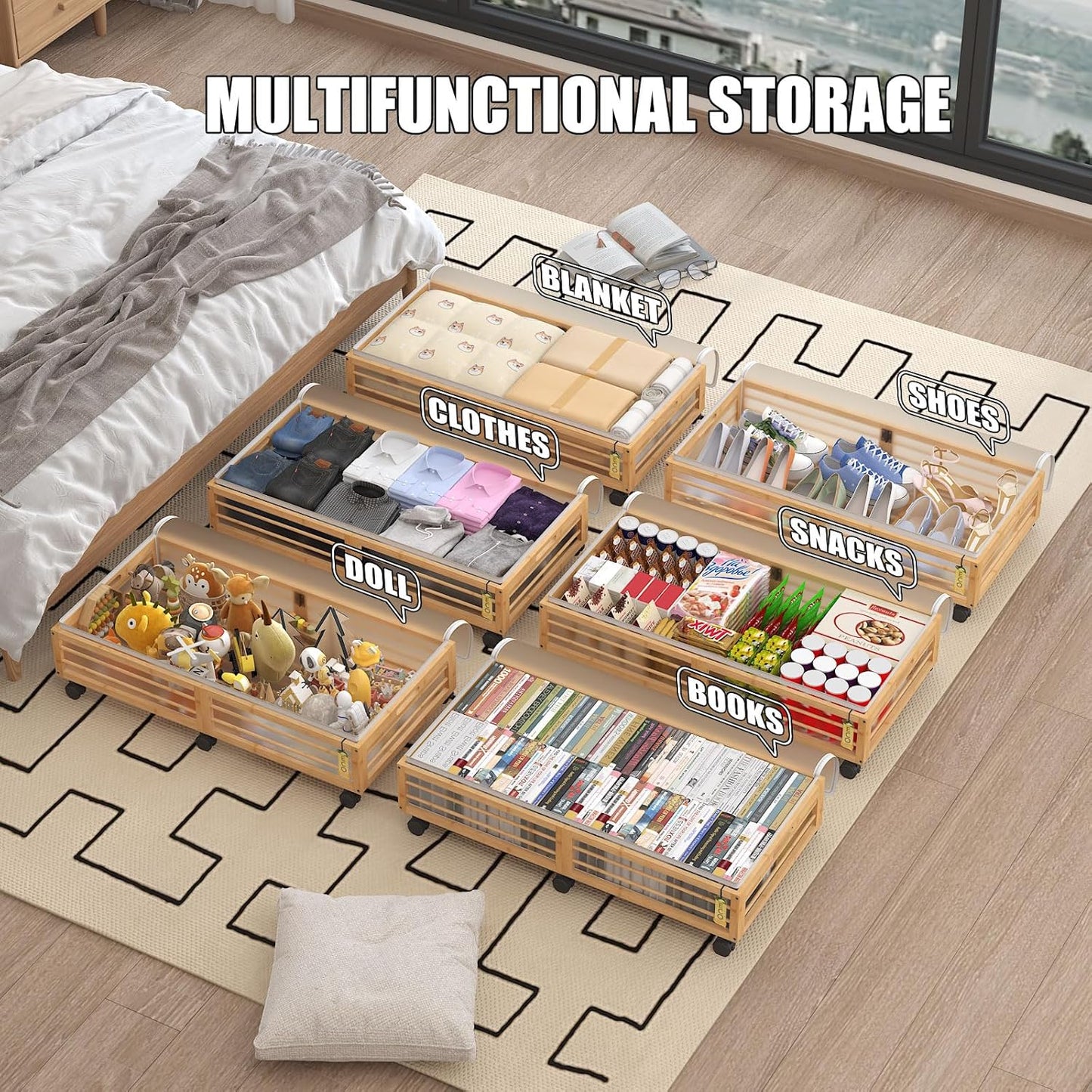 Bamboo Underbed Storage Containers with Wheels & Bag 2 Pack, Large Under Bed Rolling Storage Bins Wood Under Bed Clothes Storage Stackable Drawers for Bedroom Closet Under Crib Toy(Natural)