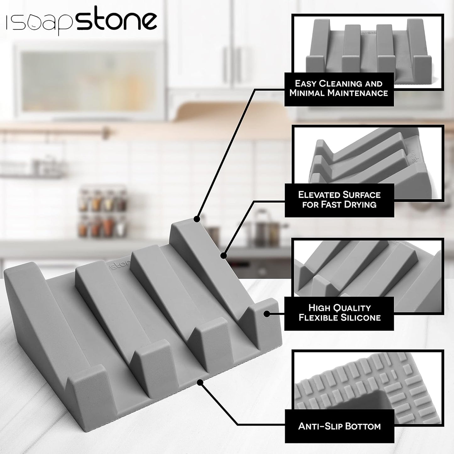 Silicone Soap Dish (USA Patented) Self Draining Bar Soap Holder for Shower Bathroom Sink, Drying Soap Dish Tray Kitchen Sponge Holder Easy Cleaning Soap Saver Mat (Light Grey, 1)