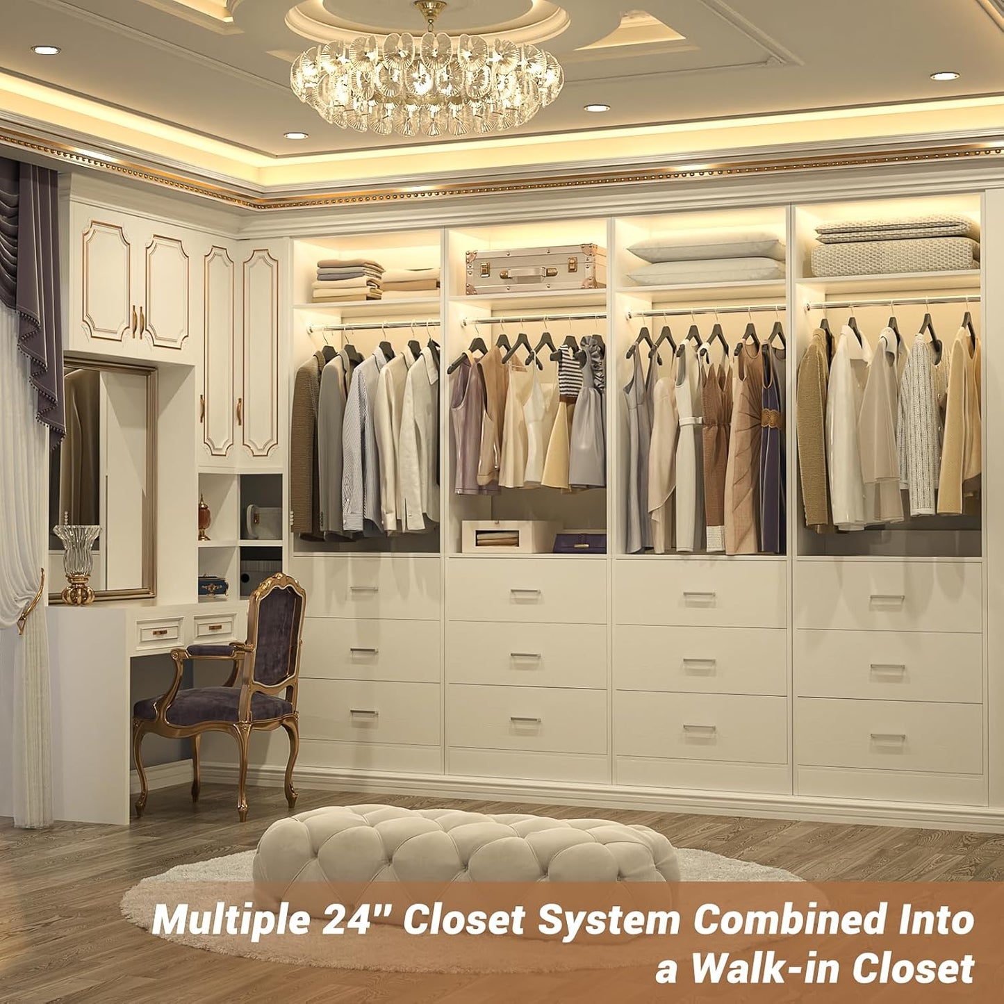 Freestanding 2FT Closet System with 3 Wood Drawers, 24" Closet Organizer System with Hanging Rod & Shelves, Walk-in Closet Systems for Small Closets, White (24"L x 15" W x 80" H)