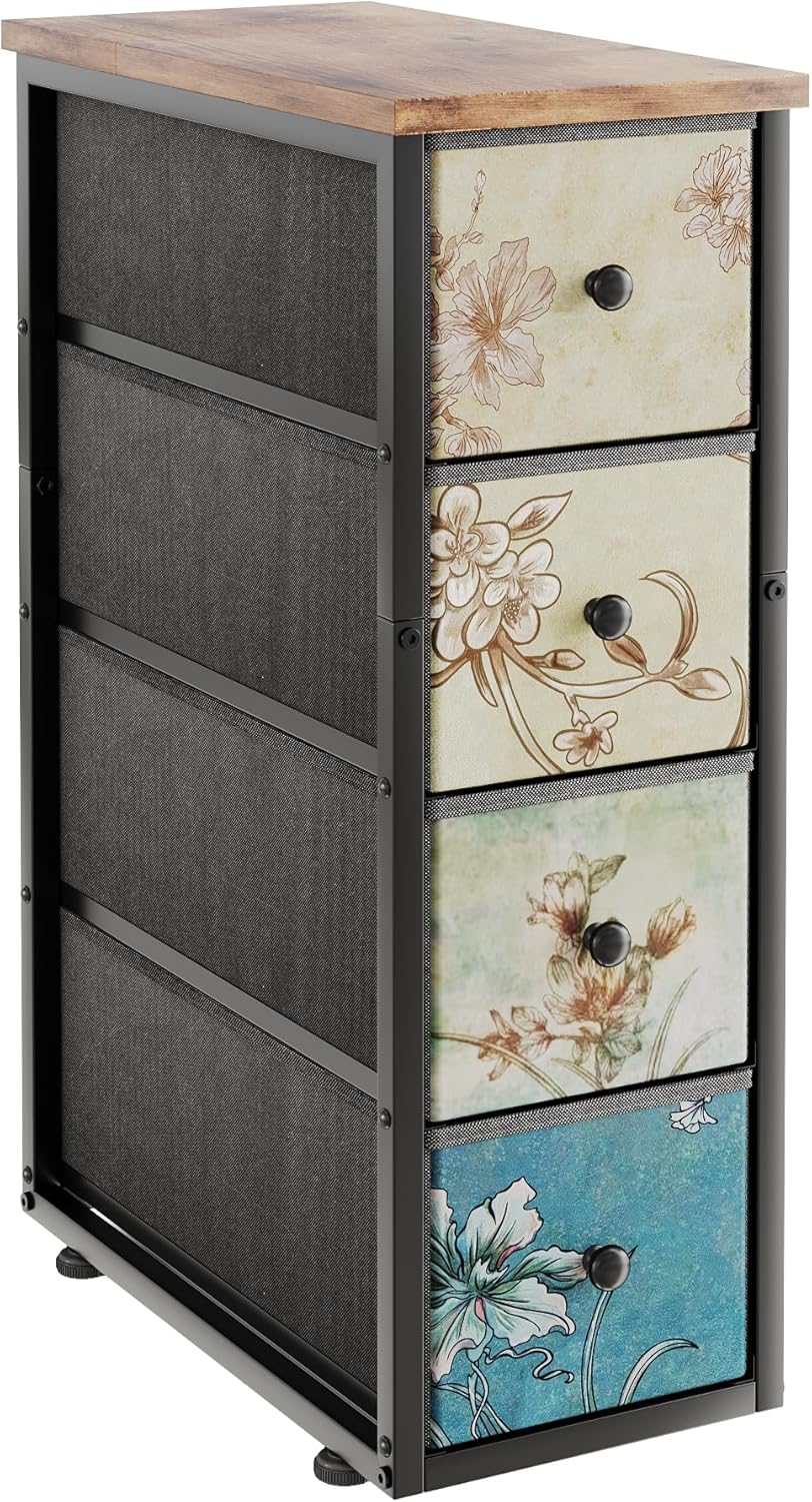 Narrow Dresser, Narrow Nightstand Dresser Storage Tower with 4 Drawers, Slim Fabric Dressers Chest of Drawers for Small Spaces, Retro Flower Dressers, for Bedroom Bathroom Laundry Closet, Vintage