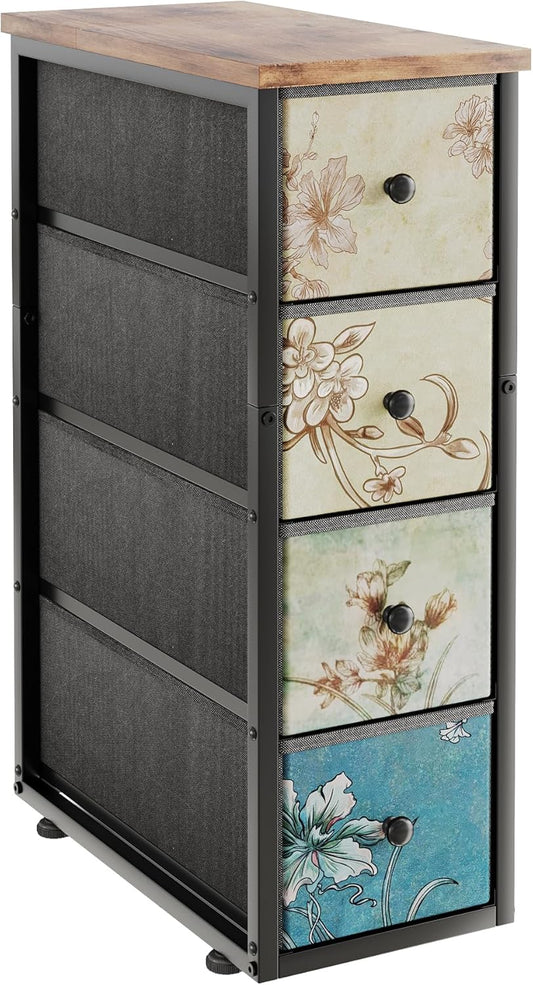 Narrow Dresser, Narrow Nightstand Dresser Storage Tower with 4 Drawers, Slim Fabric Dressers Chest of Drawers for Small Spaces, Retro Flower Dressers, for Bedroom Bathroom Laundry Closet, Vintage
