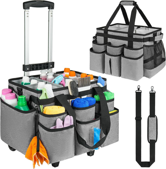 Large Rolling Cleaning Caddy Bag with Detachable Trolley,Cleaning Cart on Wheels with Shoulder Strap,Cleaning Supplies Organizer for Housekeepers,Gray