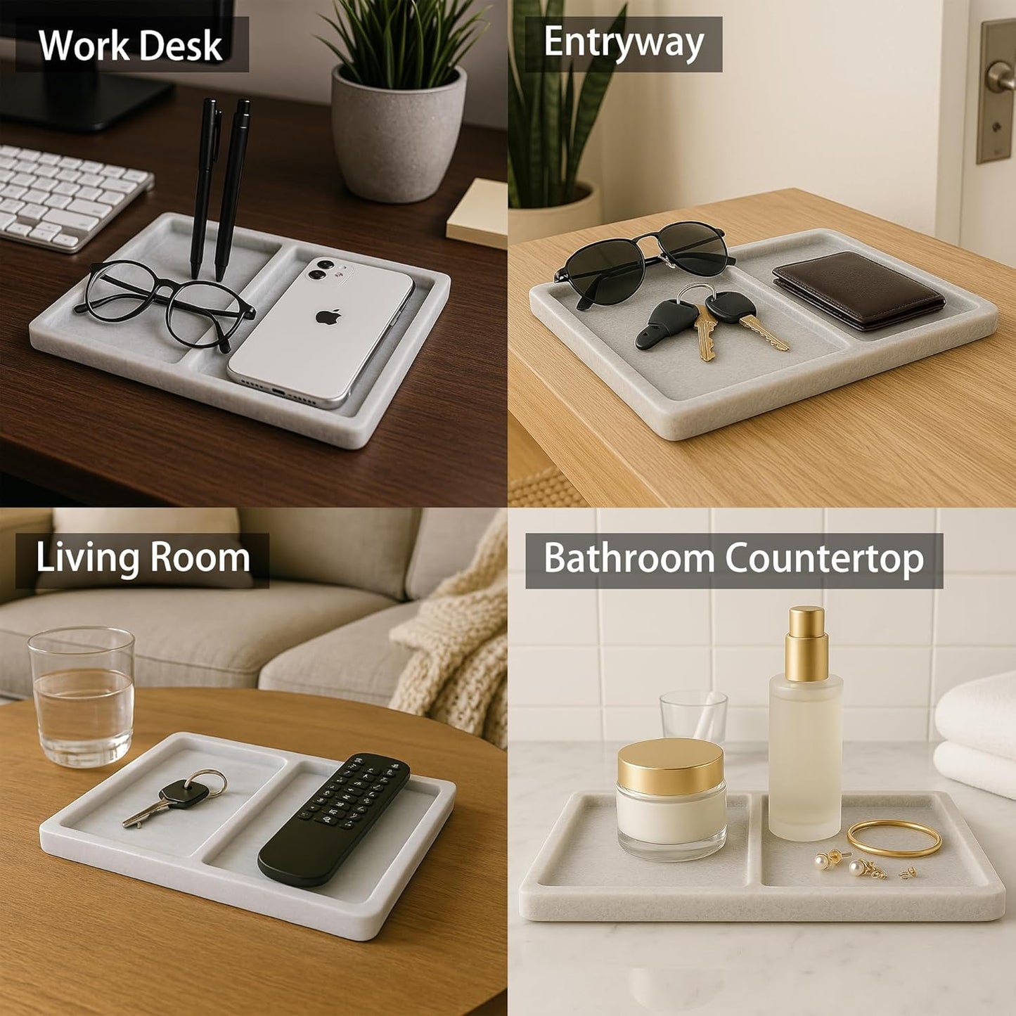 10"x8" Natural Marble Decorative Tray – Dual‑Compartment Stone Vanity Organizer for Jewelry, Keys & Soap – Premium Heat‑Resistant Bathroom Decor Gift(Belken White)