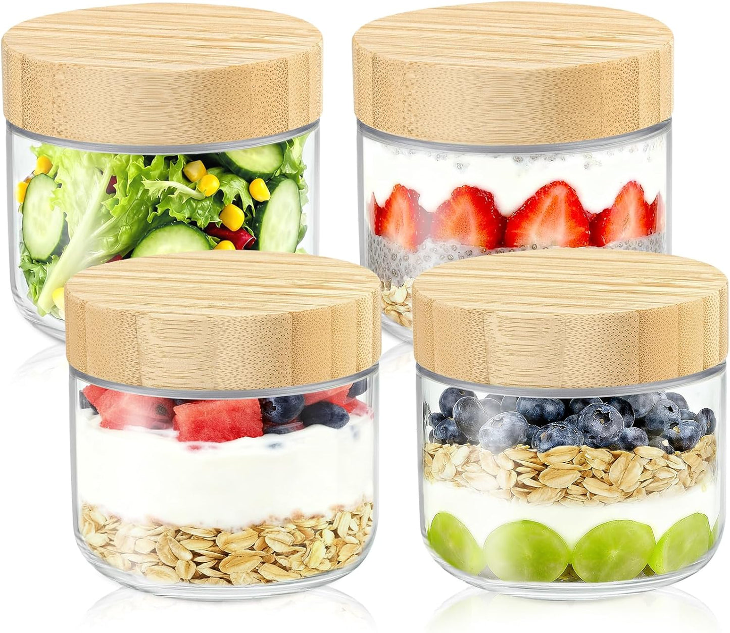 DRKIO 10 Oz Overnight Oats Containers with Bamboo Lids - 4 Pack Glass Storage Jars with Airtight Lids Wide Mouth Mason Food Jars Great for Meal Prep Salad Chia Pudding Snacks Yogurt Sugar Spice