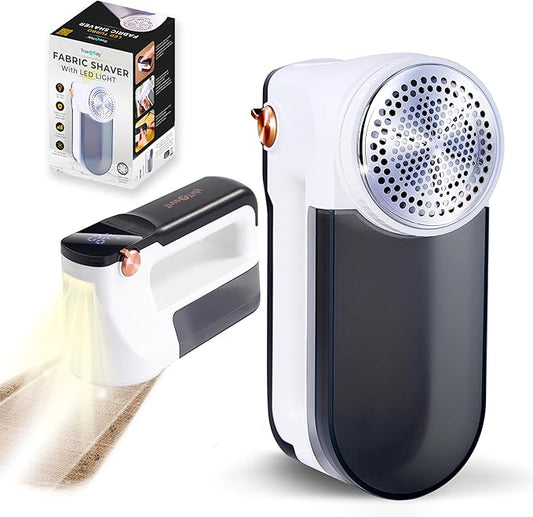 True & Tidy XL Rechargeable Fabric Shaver with Light, 6-Leaf Steel Blades, 3-Speed Motor, LED Digital Display, Lint Remover for Clothes, Furniture & Upholstery (White, Turbo)