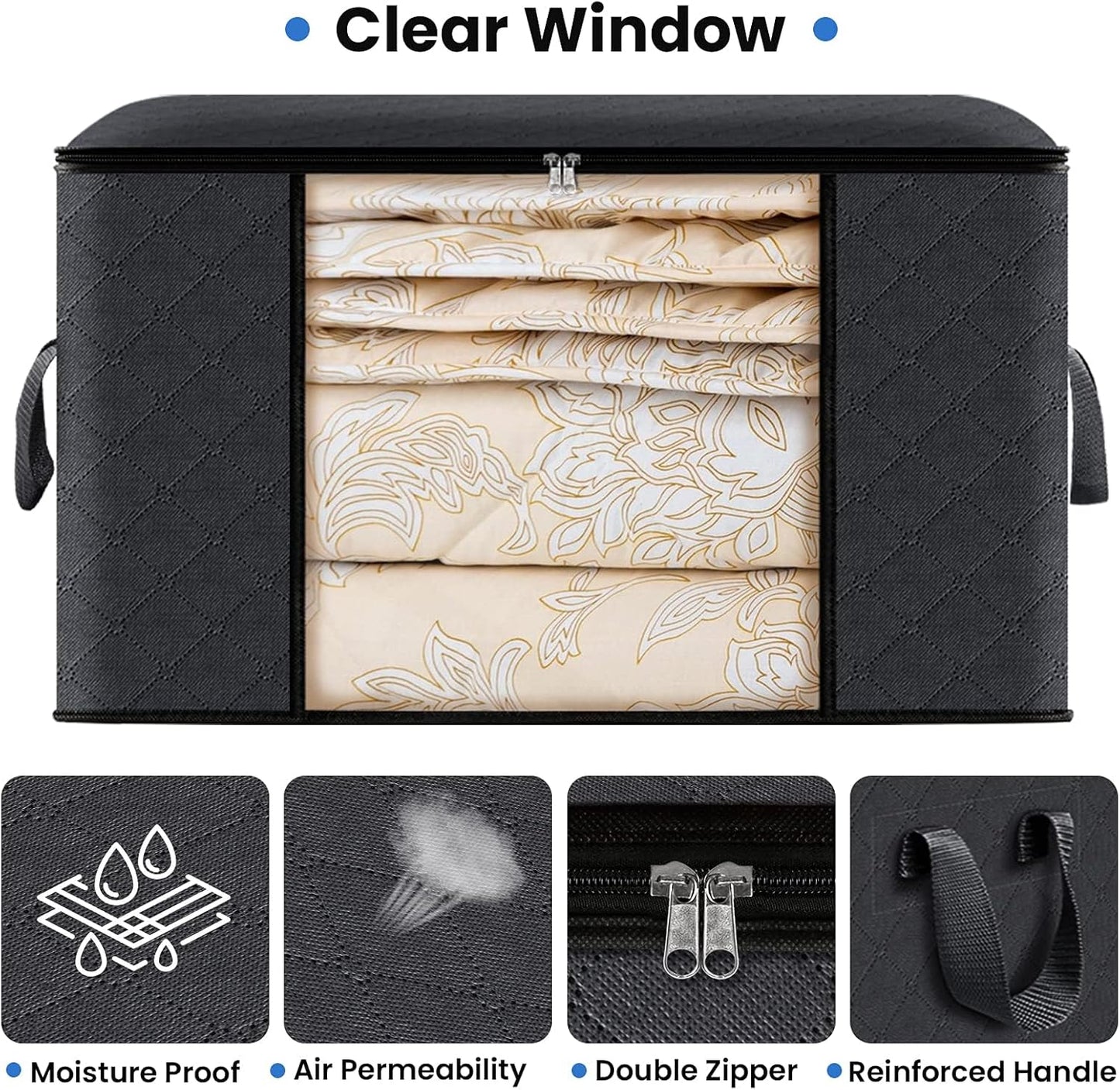 Fab totes Storage Bags,Clothes Blanket Storage Bins Foldable Closet Organizers with Reinforced Handle for Home Dorm Storage and Organization,Fabric Bags for Organizing Sheets,Clothing (Black,4 Pack)