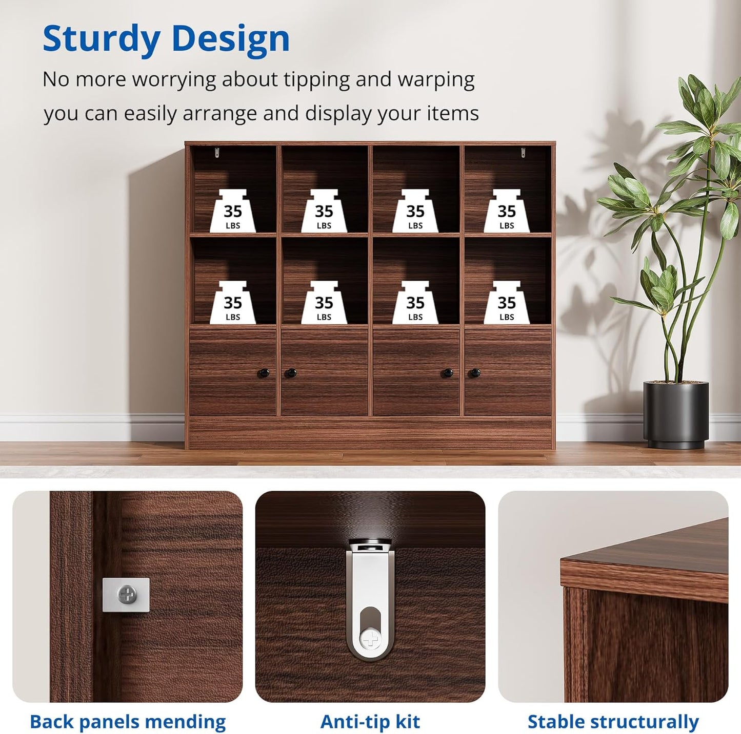 Cozy Castle Brown Wood Bookcase,12 Cube Storage Organizer Bookshelf with 4 Doors,3 Tier Storage Cabinet with Adjustable Shelves for Bedroom, Living Room, Office