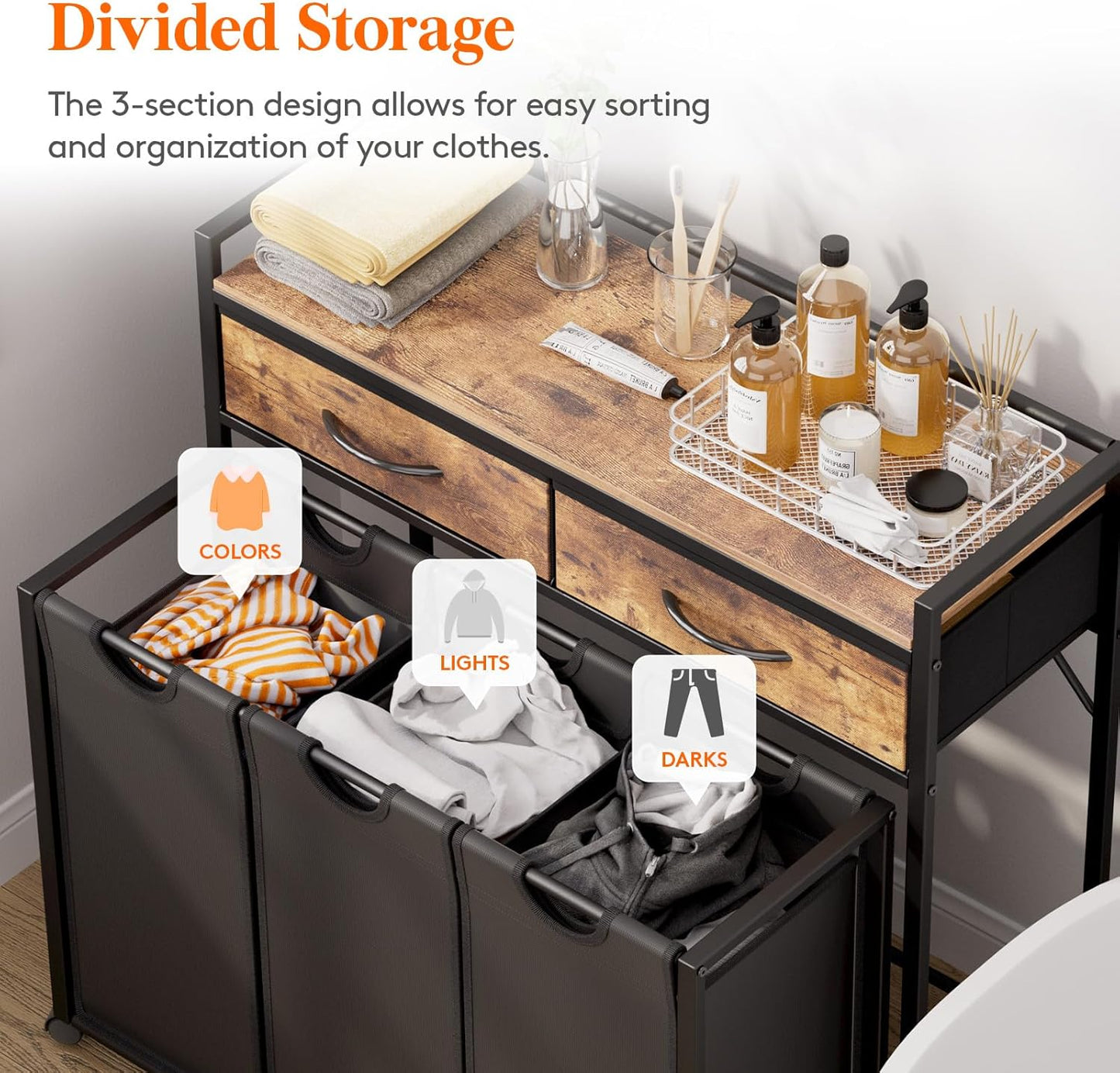 Lifewit Laundry hamper 3 Section, Large Rolling Laundry Sorter with Shelf & 2 Drawers, Pull-Out Laundry Basket Organizer with Wheels and Removable Bag for Laundry Room Bathroom, Rustic Brown and Black