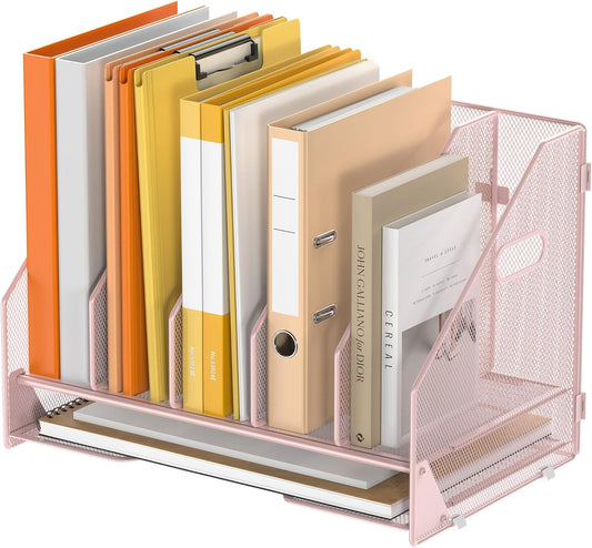 Desk File Folder Holder Organizer-5 Vertical Compartments Racks and Paper Letter Tray,Mesh Magazine File Holder Sorter,Desktop Accessories & Workspace Organizers for Home,Office,School-Pink