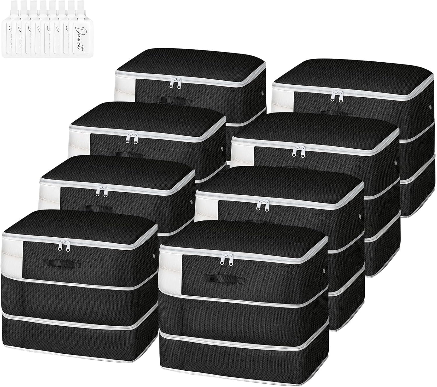 Comforter Storage Bag - Large Capacity Blanket Storage Bags 3-Layer Ultra Space Saving Self Compression Organizer, Washable Compression Bags for Storage Comforter Blanket, 8-Pack, Black