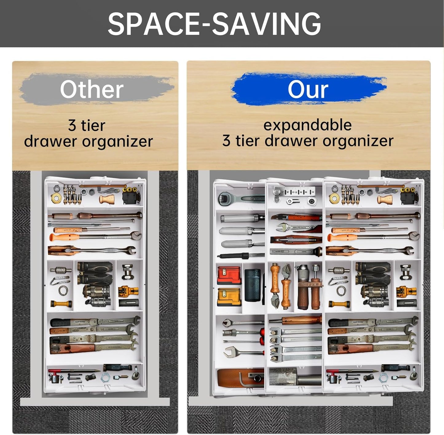 Smart Drawer Organizer Multi Level, Adjustable Folding Junk Drawer Organizer For Kitchen, Bathroom, Office, And Bedroom – Space-Saving Makeup Organizer (White)