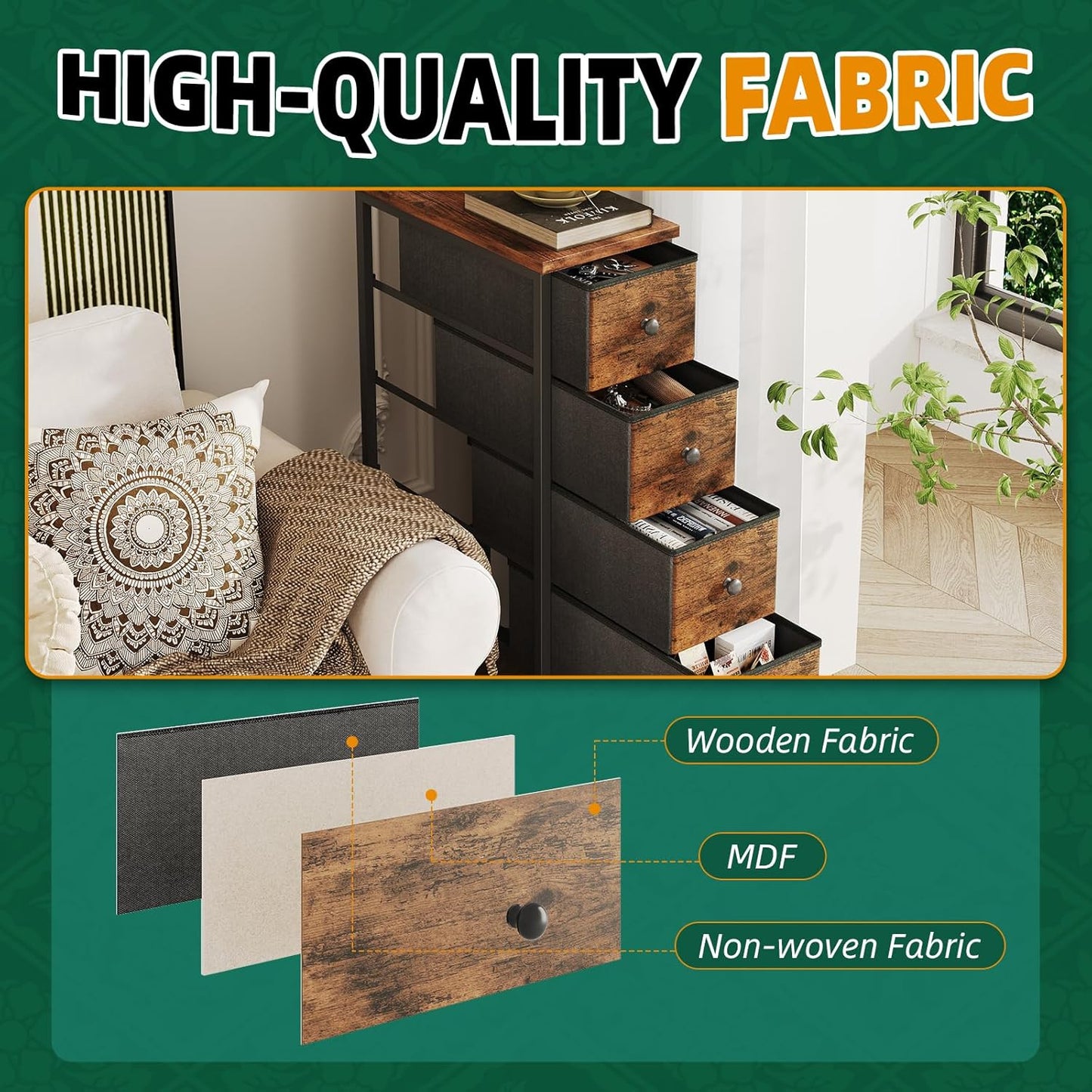 COTUBLR Narrow Dresser, 19" Wide Narrow Nightstand Dresser Storage Tower with 5 Drawers, Slim Fabric Dressers Chest of Drawers for Small Spaces, Wood Top & Fabric Bins for Bedroom Bathroom Closet